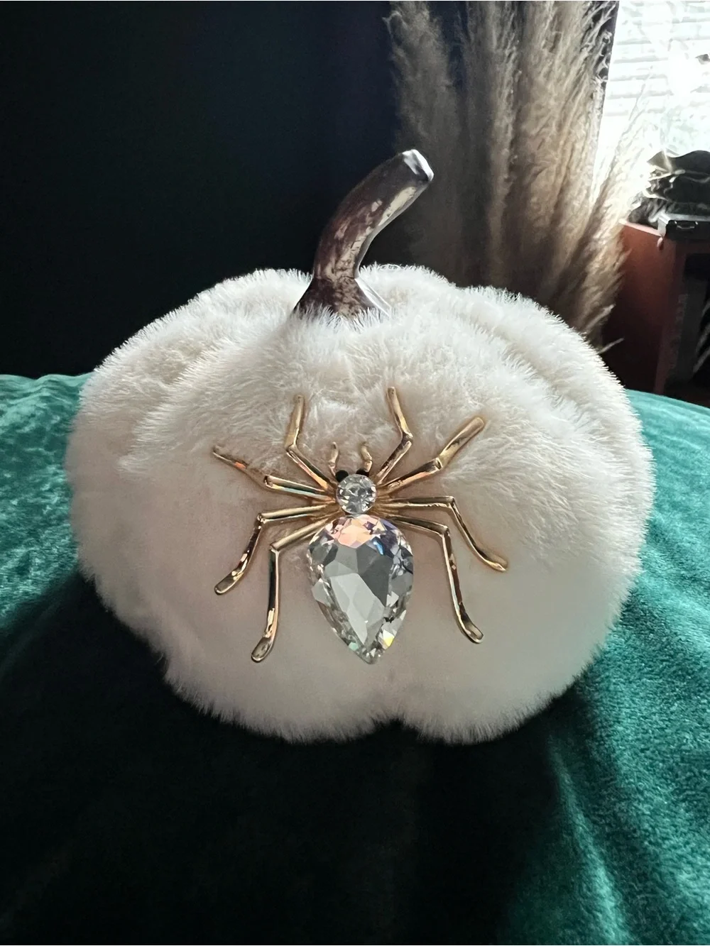 Faux Fur Pumpkin w/ Jeweled Spider